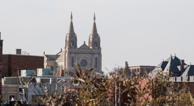 A photo of Downtown Sioux Falls, SD, with the St. Joseph Cathedral in the background