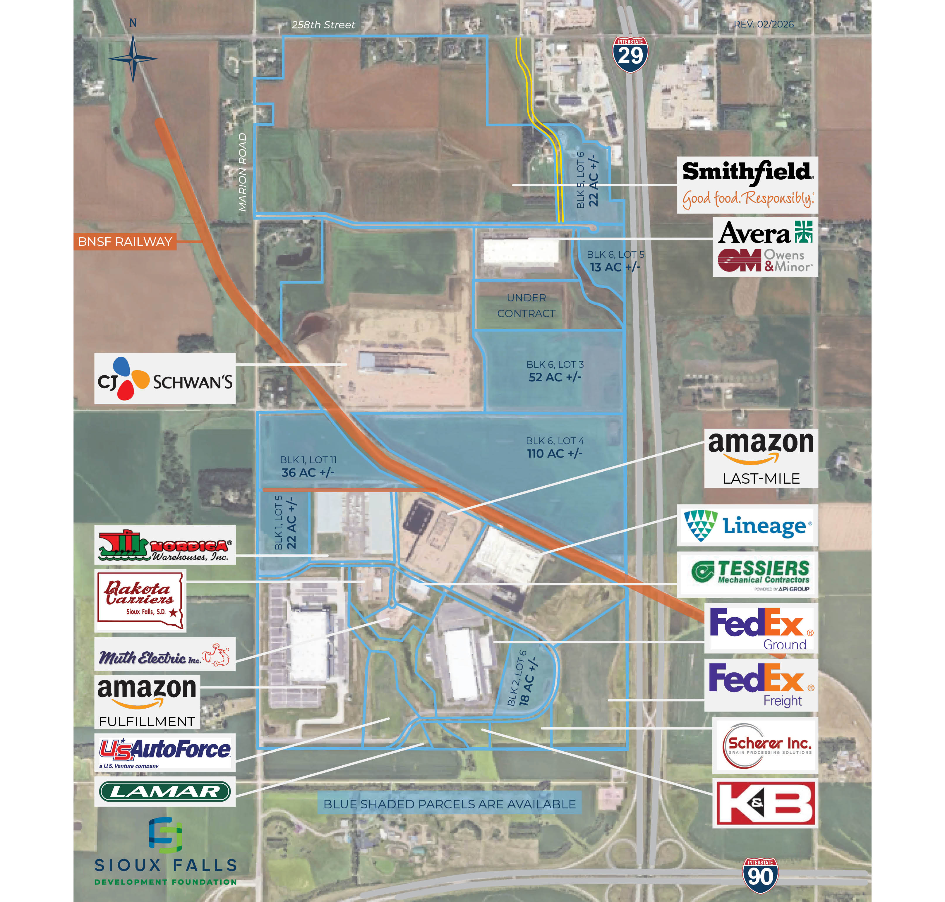 A map of Foundation Park in Sioux Falls, South Dakota, showing tenants and available sites