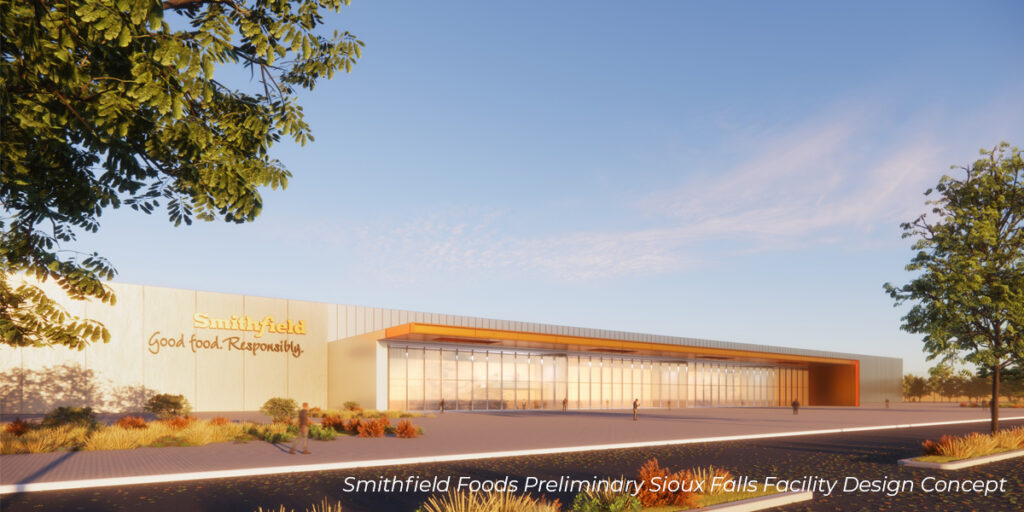 A rendering of Smithfield Foods' new Sioux Falls facility that says: "Smithfield Foods Preliminary Sioux Falls Facility Design Concept"