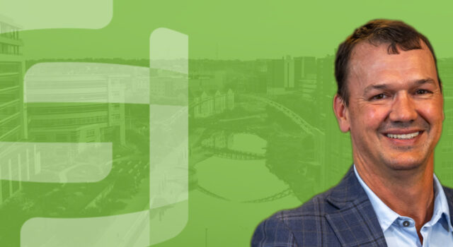 A photo of Clark Meyer with a green overlayed aerial photo of Sioux Falls in the background