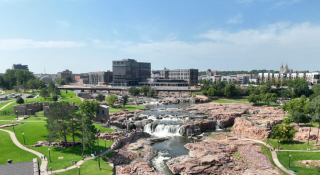 An aerial photo of Falls Park in Sioux Falls, SD