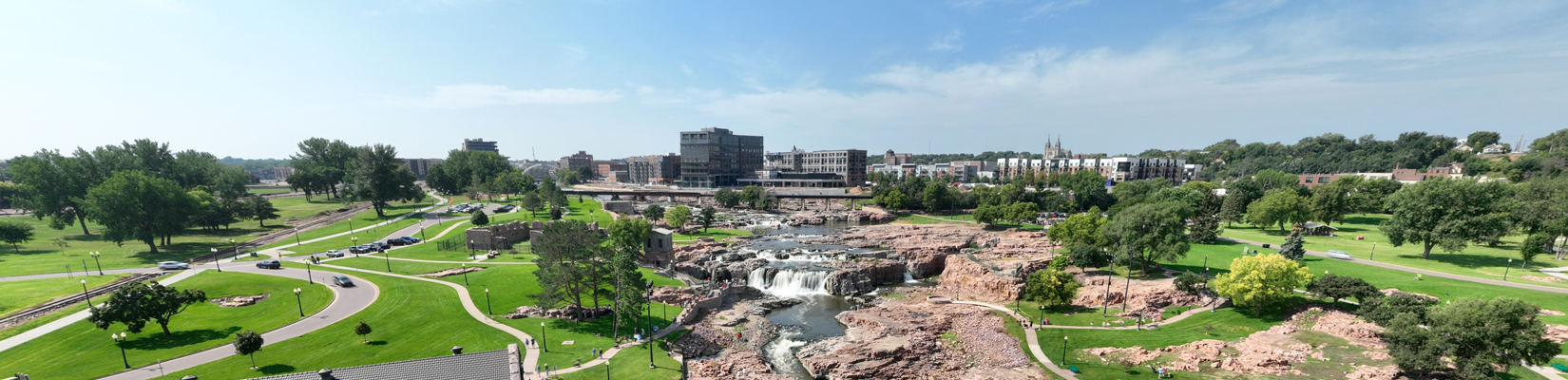 An aerial photo of Falls Park in Sioux Falls, SD