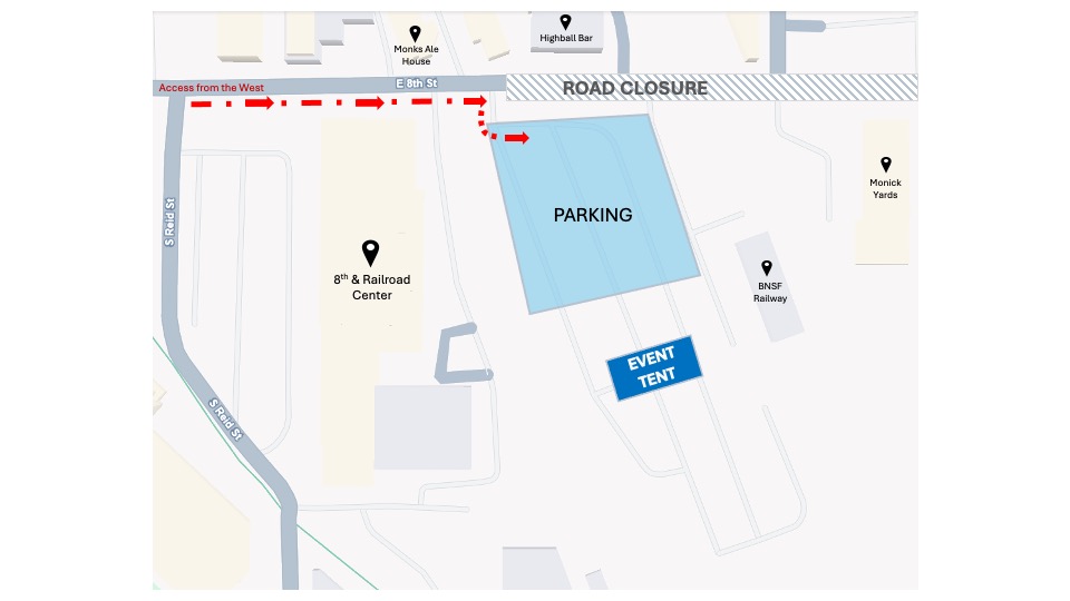 A map showing parking for the Switchyard groundbreaking