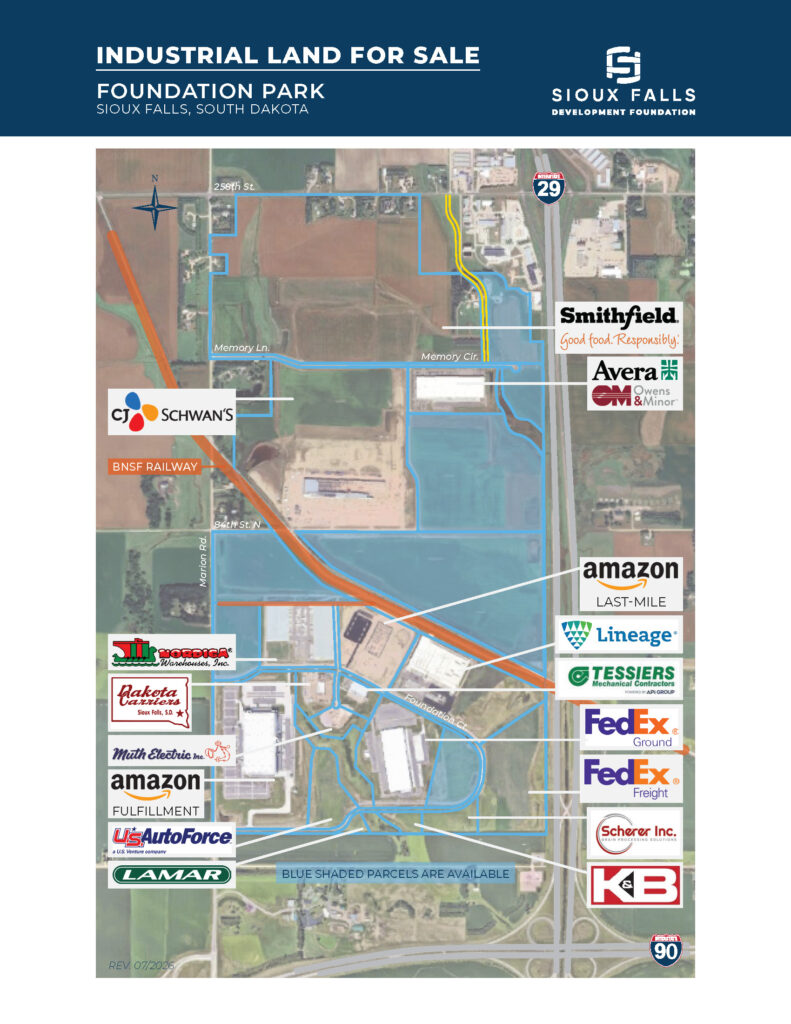 A map of tenants and available land in Foundation Park in Sioux Falls, SD